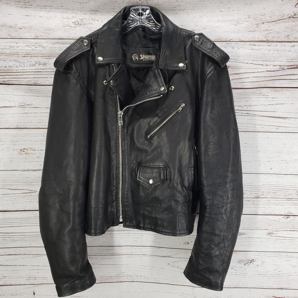 Spartan Men's Black Genuine Leather Motorcycle Jacket Size 52